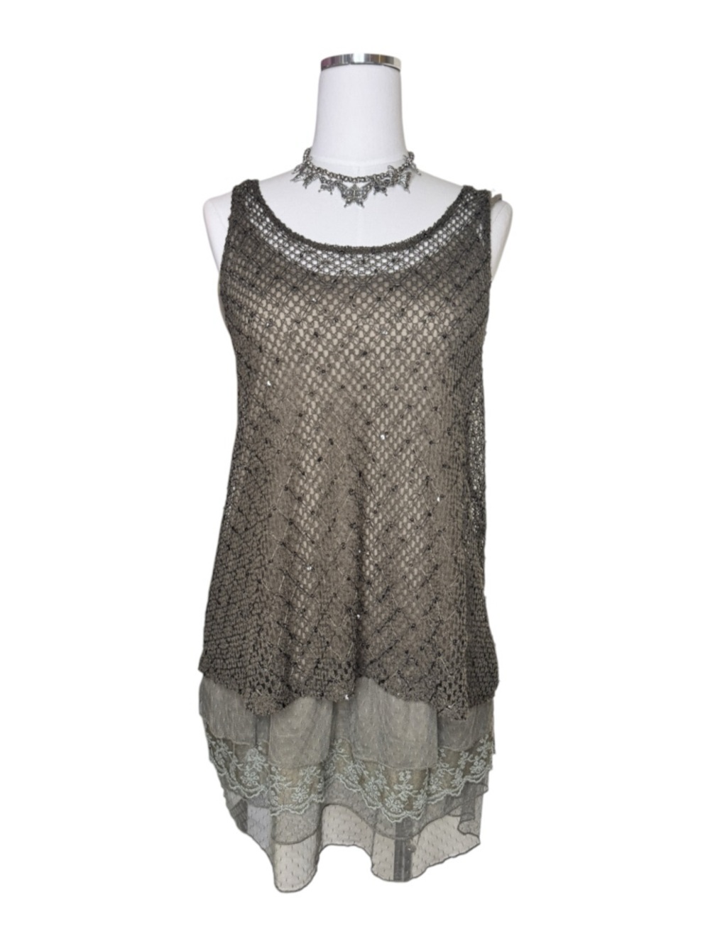 Y2K Pretty Angel Taupe Sequin Layered Ruffle Mini Dress Size Large